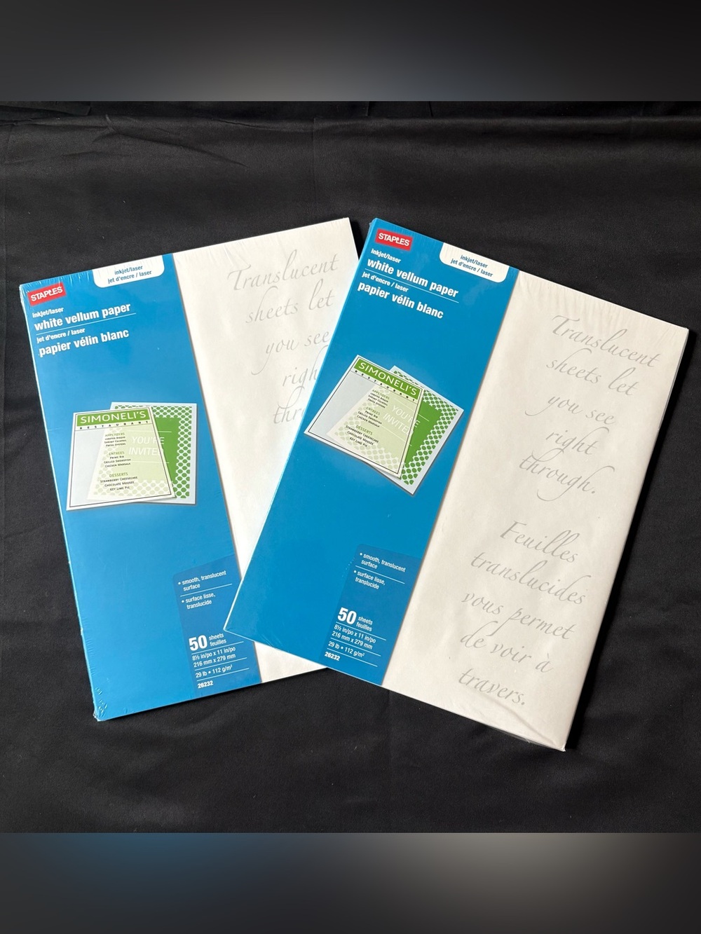 2-Pk Staples White Vellum Translucent Paper 8.5x11 Inkjet Laser 100 Sheets 26232